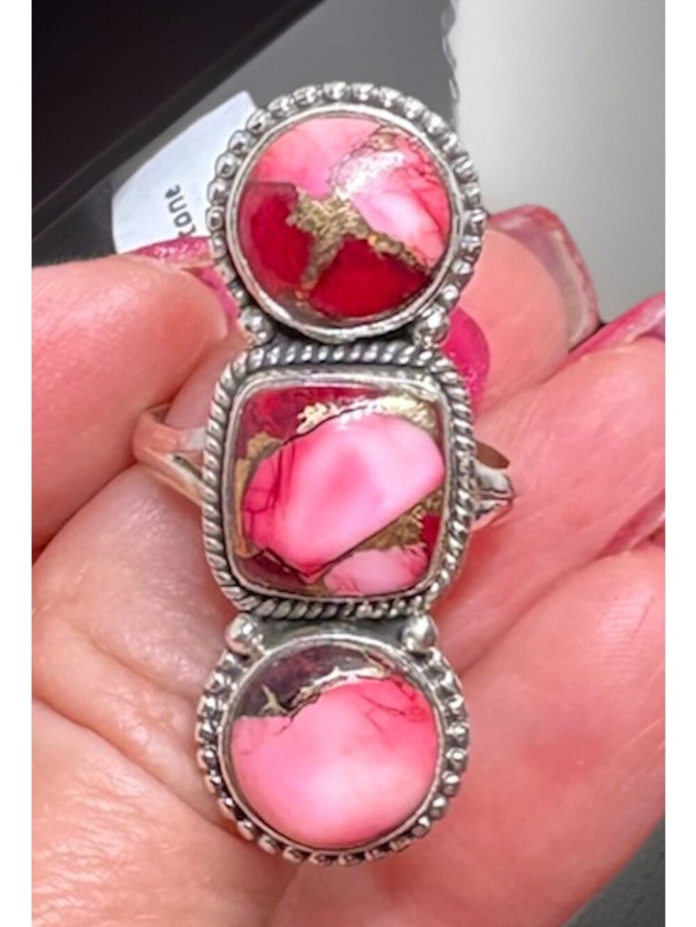 Unique statement Sterling 925 Bar Ring Pink Red Dahlia 3-Stone Cabochon 8.2 9